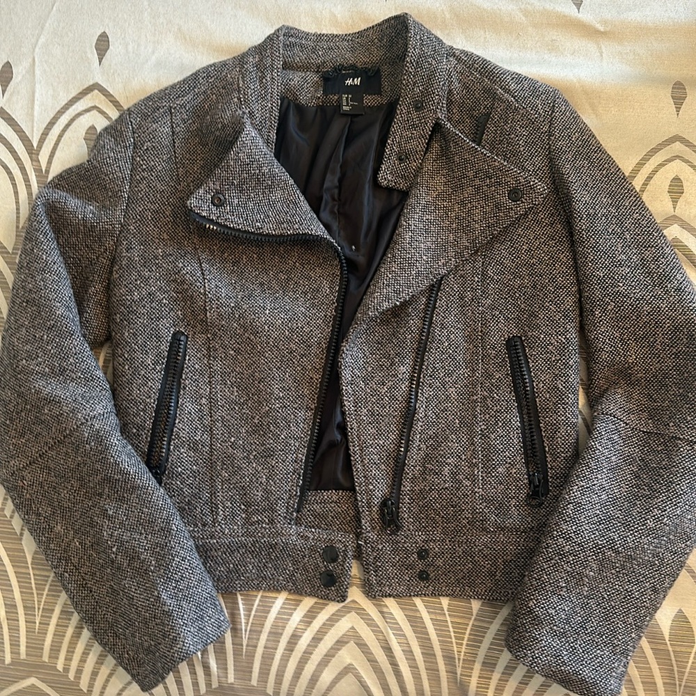 H&M brown tweed moto jacket size 2